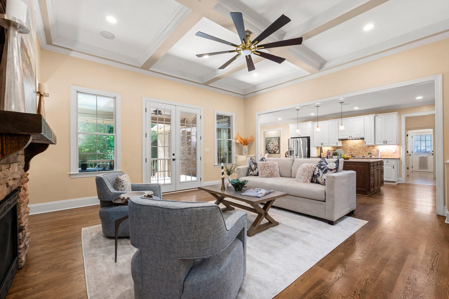 Great room with stone fireplace