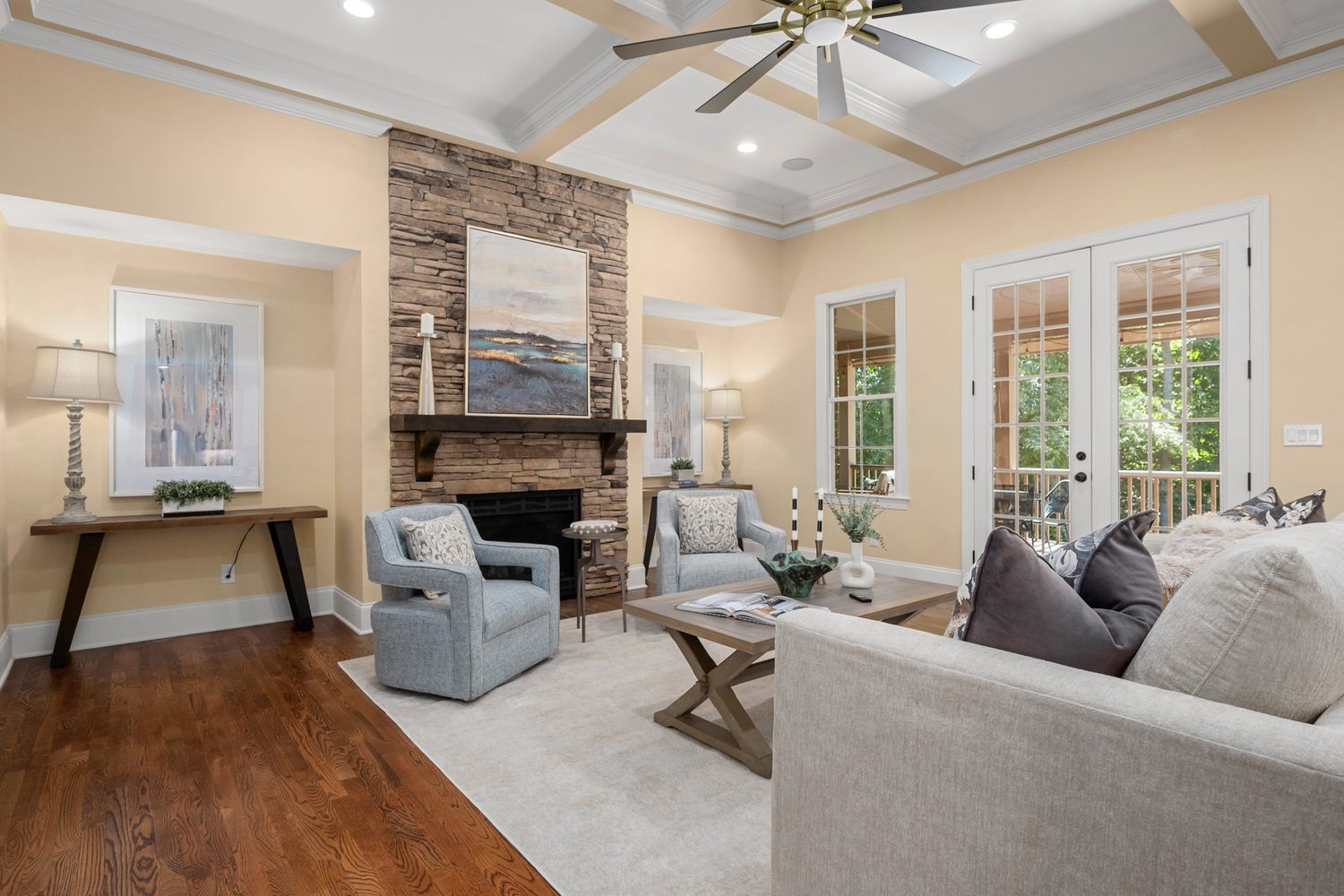 Living room with stone fireplace