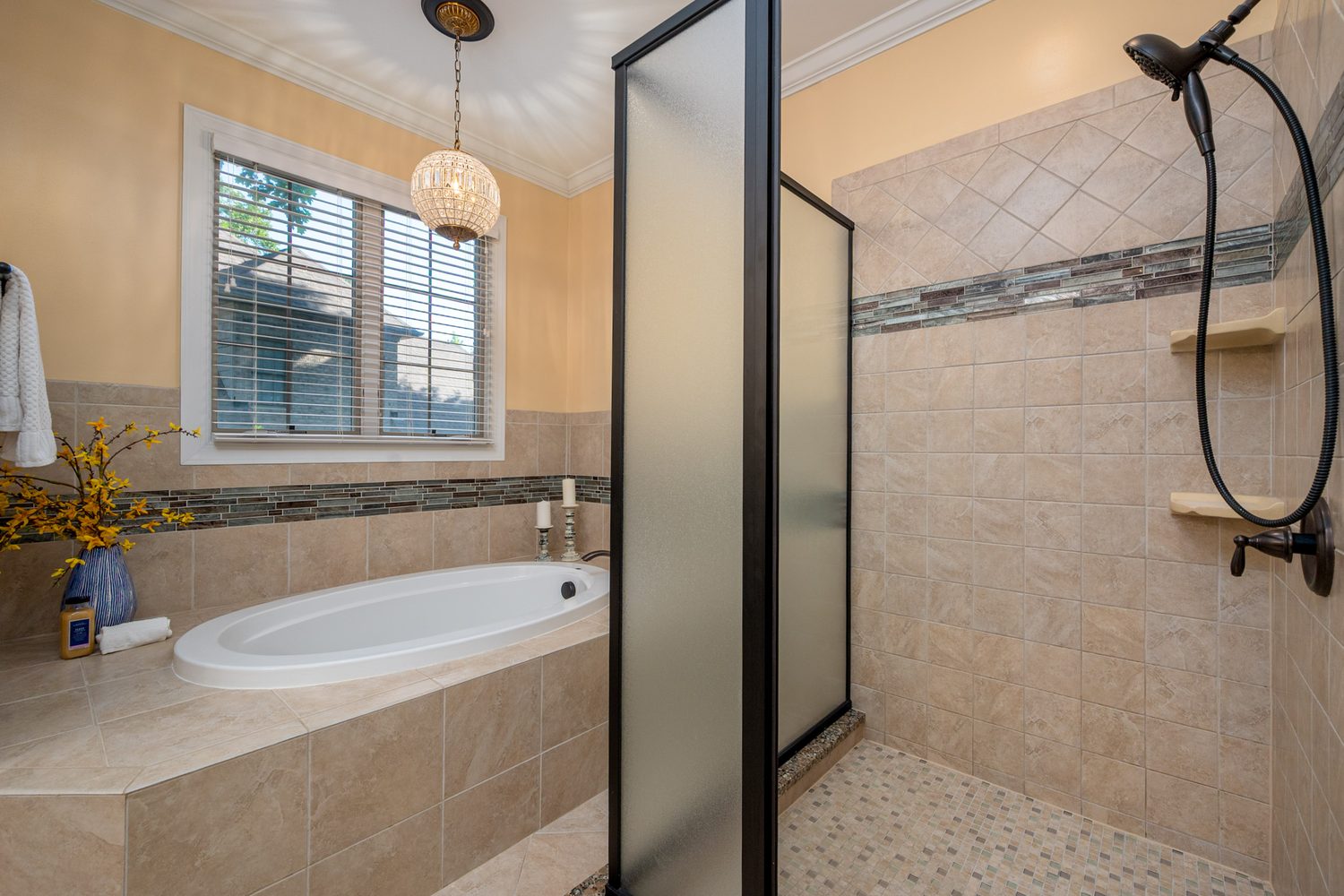 Primary bath with garden tub and walk-in shower
