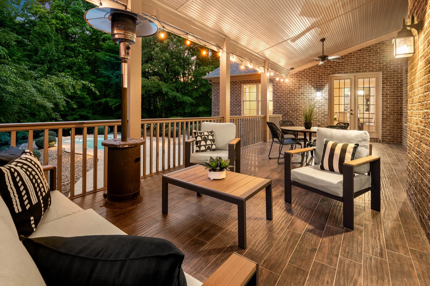 Covered deck lounge at twilight