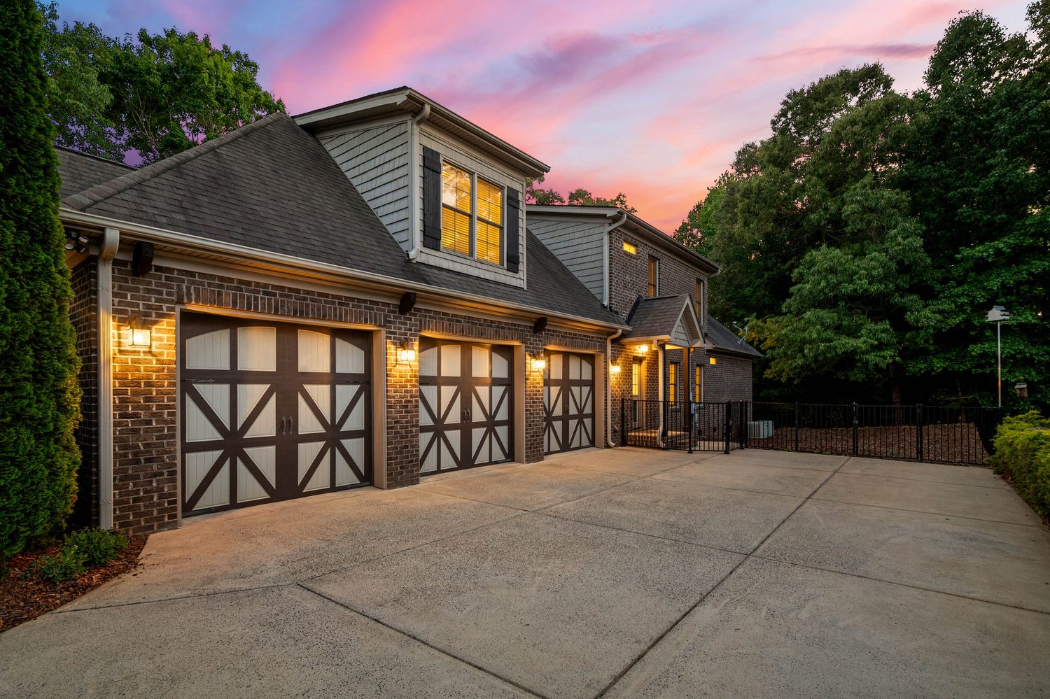 Three-car garage at sunset